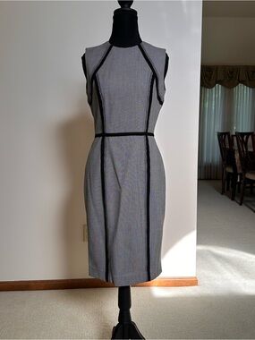 Calvin Klein Black & White Midi Sheath Dress with Black Piping